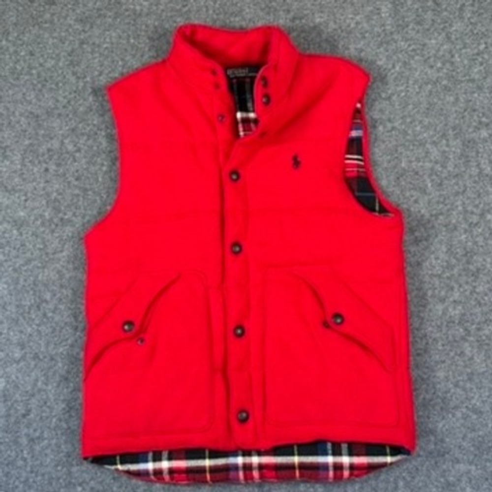 Polo Ralph Lauren Mens Red Quilted Puffer Vest Plaid Lining Snap Front Small